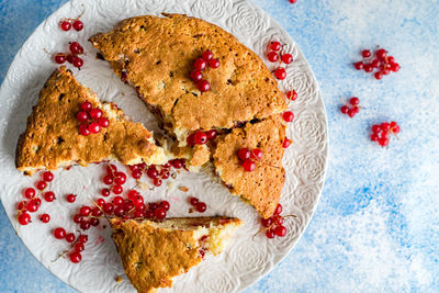 High angle view of breakfast on cake