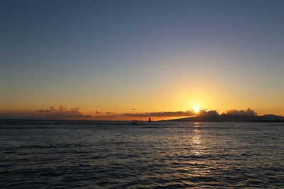 Scenic view of sea against clear sky during sunset