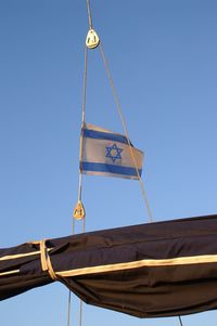 Low angle view of crane against blue sky