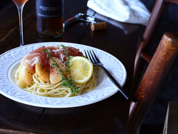 High angle view of meal served on table