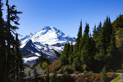 Scenic view of snowcapped mountains against clear sky