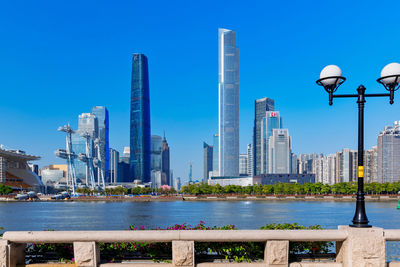 Modern buildings against clear blue sky