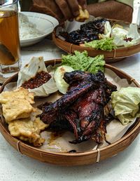 High angle view of food served on table