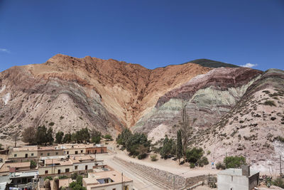 Scenic view of mountains against clear blue sky