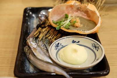 High angle view of food in plate on table