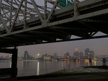 Bridge over river in city at night