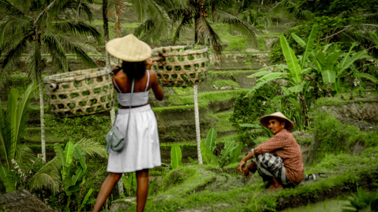 REAR VIEW OF A COUPLE SITTING ON FARM