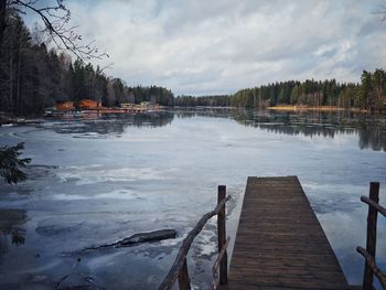 Scenic view of lake against sky during winter