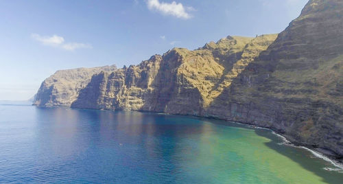 Panoramic view of sea and mountains against sky