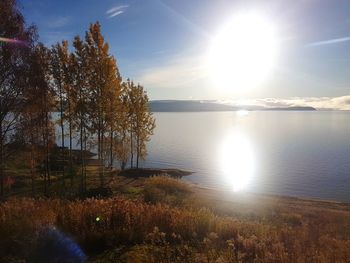 Scenic view of lake against sky on sunny day