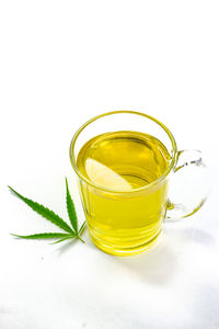 Close-up of tea in glass against white background