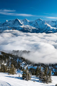 Scenic view of snow covered mountains against sky