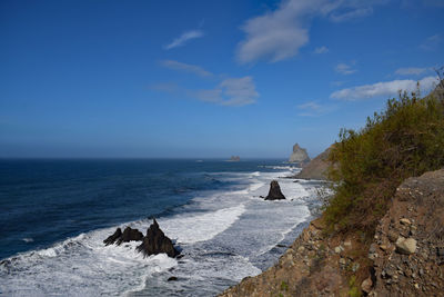 Scenic view of sea against blue sky