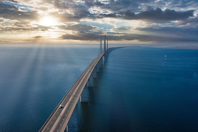 Panoramic view of oresund bridge during sunset over the baltic sea