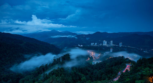 Aerial view of cityscape against cloudy sky