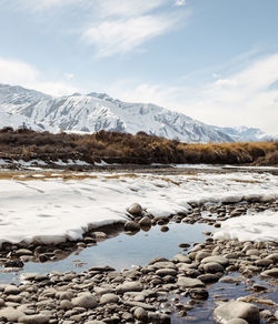 Scenic view of snow covered mountain against sky