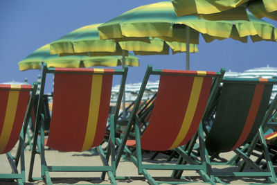 Low angle view of empty chairs against clear sky