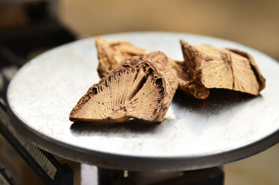 High angle view of bread in plate on table