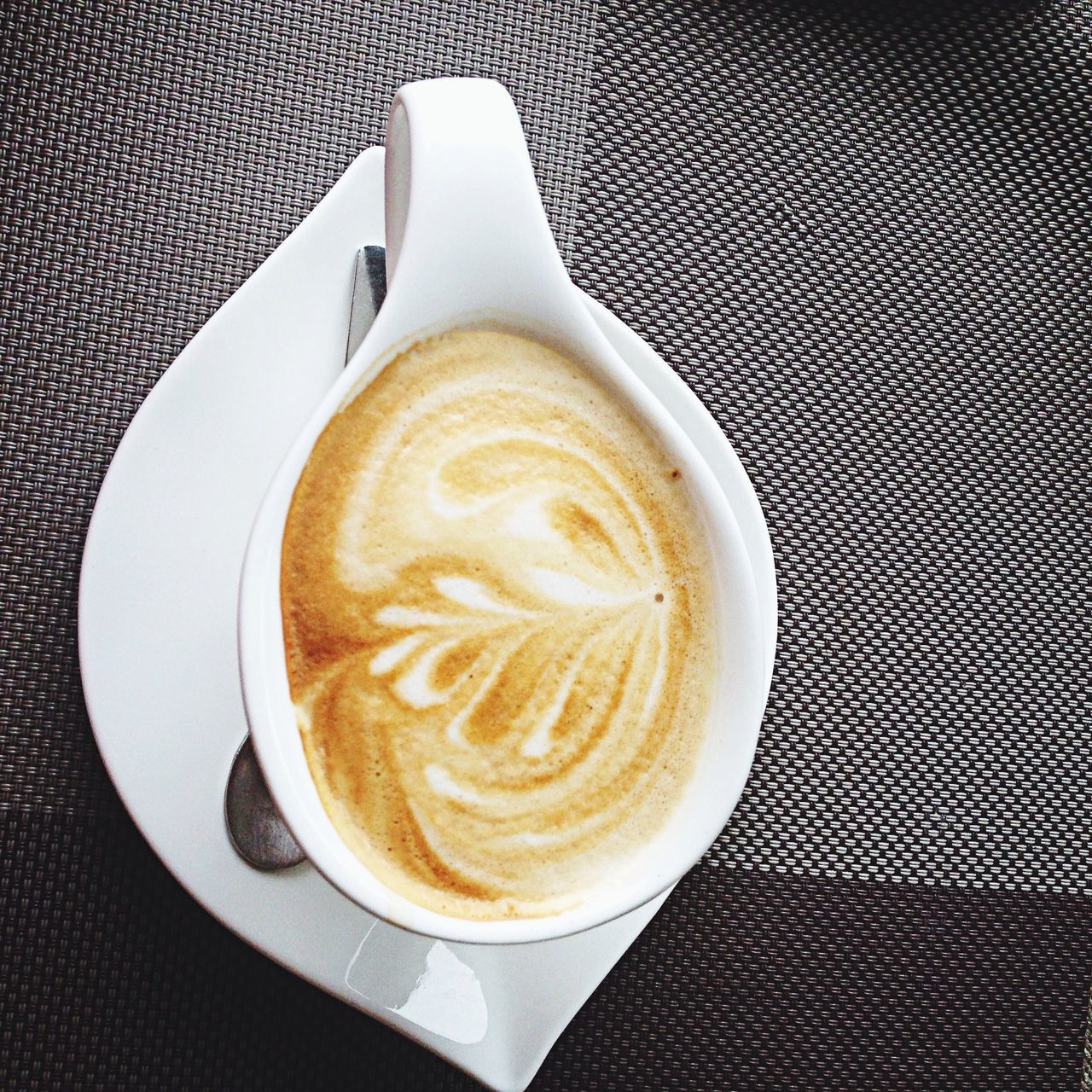 food and drink, indoors, still life, coffee cup, freshness, table, refreshment, drink, coffee - drink, cappuccino, froth art, saucer, frothy drink, close-up, high angle view, sweet food, food, spoon, coffee, white color