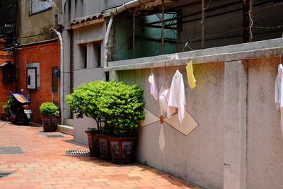 Clothes drying against building