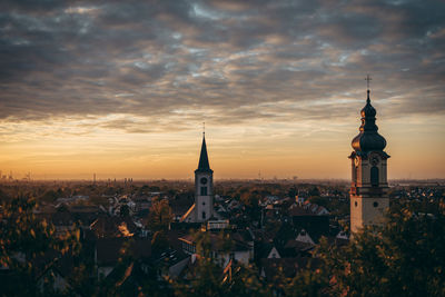 View of buildings against sky at sunset