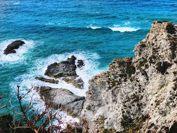 High angle view of rocks on beach