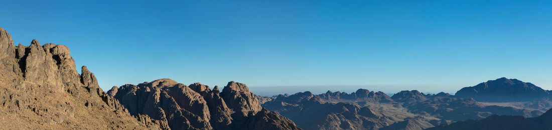 Panoramic view of mountains against clear blue sky