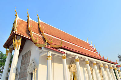 Low angle view of traditional building against clear blue sky