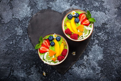 High angle view of chopped fruits in bowl