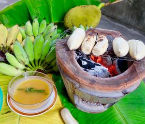 High angle view of fruits in bowl on table