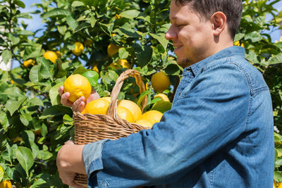 Side view of man holding lemon in basket