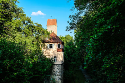 Abandoned building in forest against sky