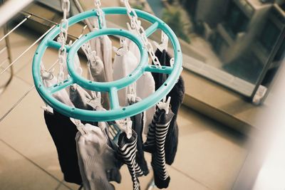 High angle view of socks hanging in balcony