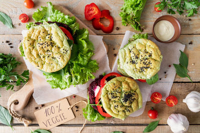 High angle view of food served on cutting board