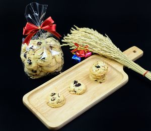 High angle view of cake on table against black background