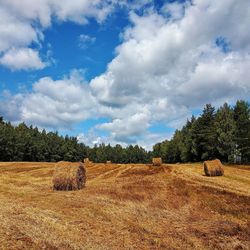 Hay bales on field against sky