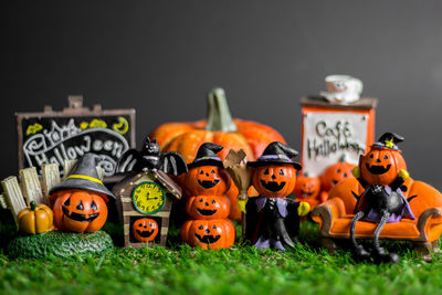 View of pumpkins against black background