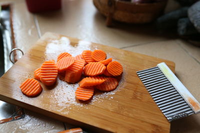 High angle view of sliced carrots on table