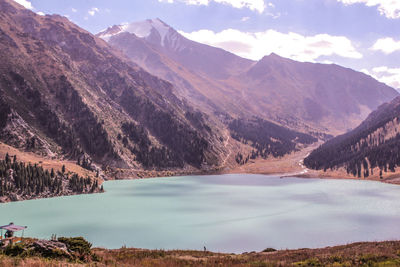 Scenic view of lake by mountains against sky