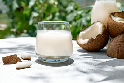 Coconut milk in glass and half of coconut on palm leaf background. vegetable milk,lactose free drink