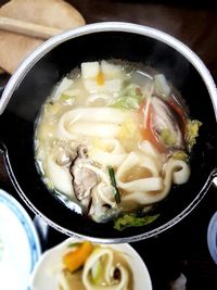 High angle view of soup in bowl on table