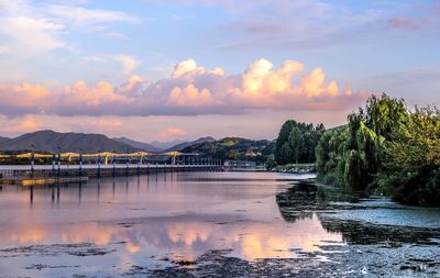 Scenic view of lake against sky during sunset