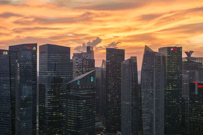 Modern buildings in city against orange sky