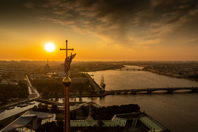 High angle view of cityscape against sky during sunset