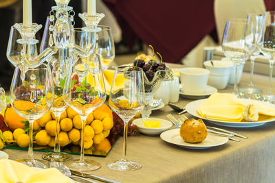 View of wine glasses on table