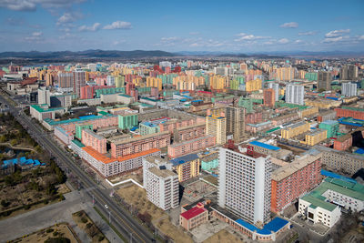 High angle view of buildings in pyongyang city