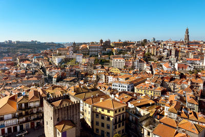 High angle view of townscape against clear sky