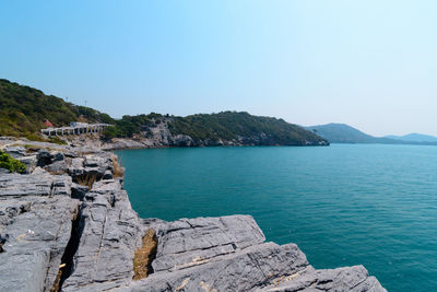 Scenic view of sea against clear blue sky