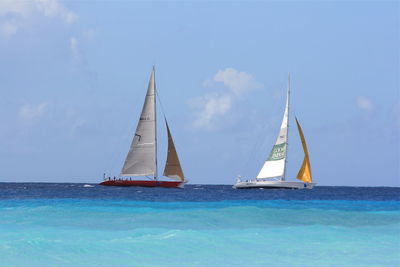 Sailboat sailing on sea against sky