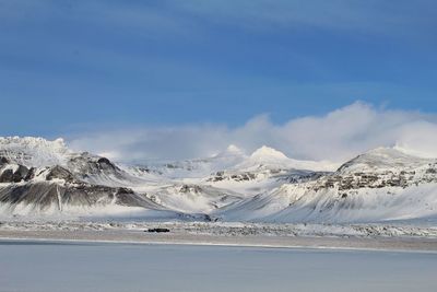 Scenic view of snowcapped mountains against sky